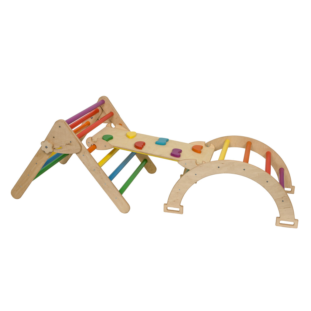 Set de joaca mic 3in1 Pikler/Montessori, triunghi de escaladare cu tobogan si arc de catarare, multicolor