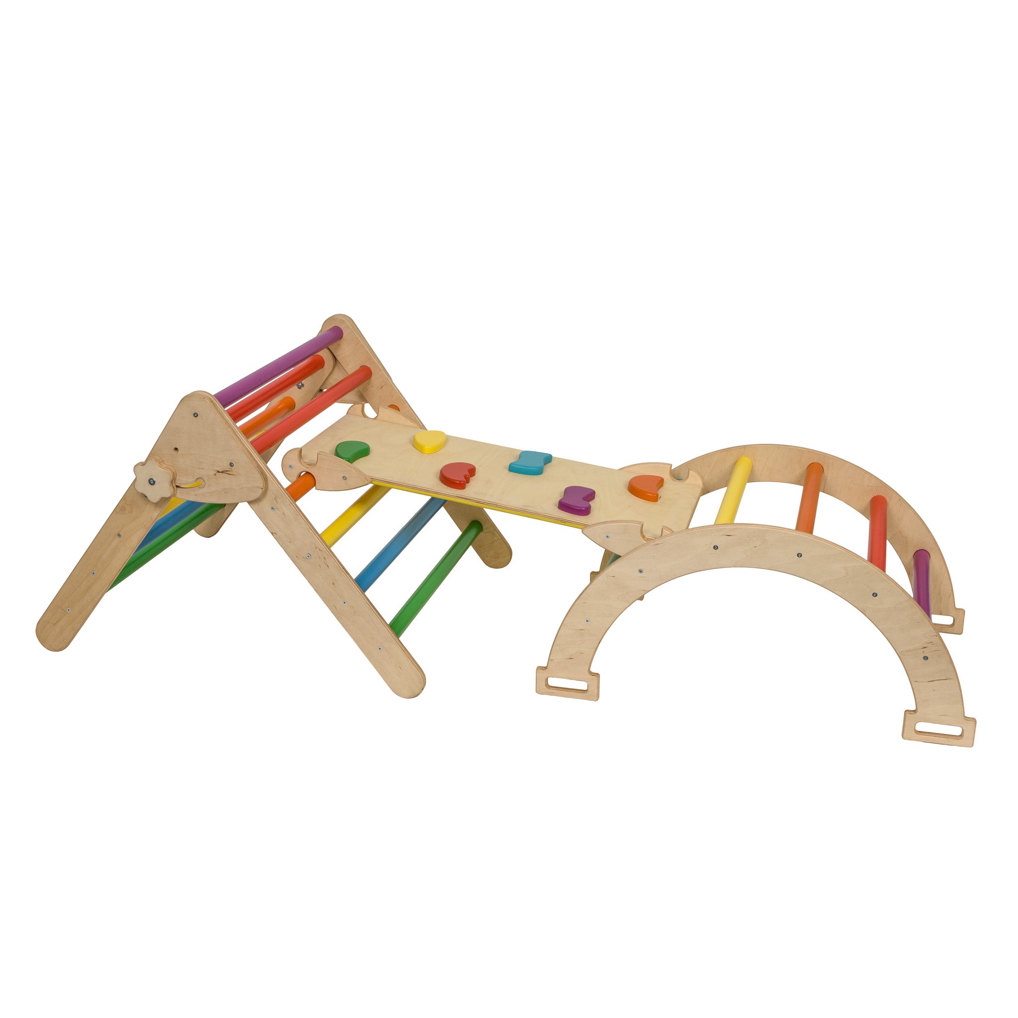 Set de joaca mic 3in1 Pikler/Montessori, triunghi de escaladare cu tobogan si arc de catarare, multicolor