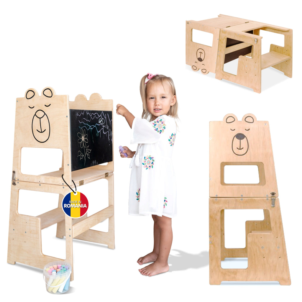 Turn de invatare, Bear, tip Montessori, cu tabla de scris, pentru copii +12 luni, placaj/lemn natural