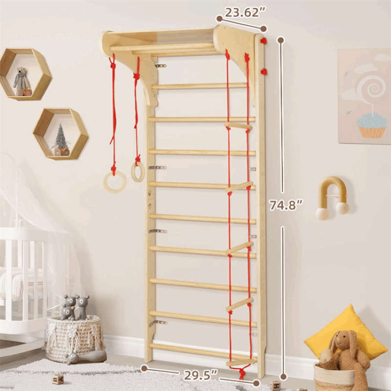 Set spalier gimnastica cu Bara/Inele/Scara de catarat, Reglabil, din lemn/placaj pentru copii +3 ani