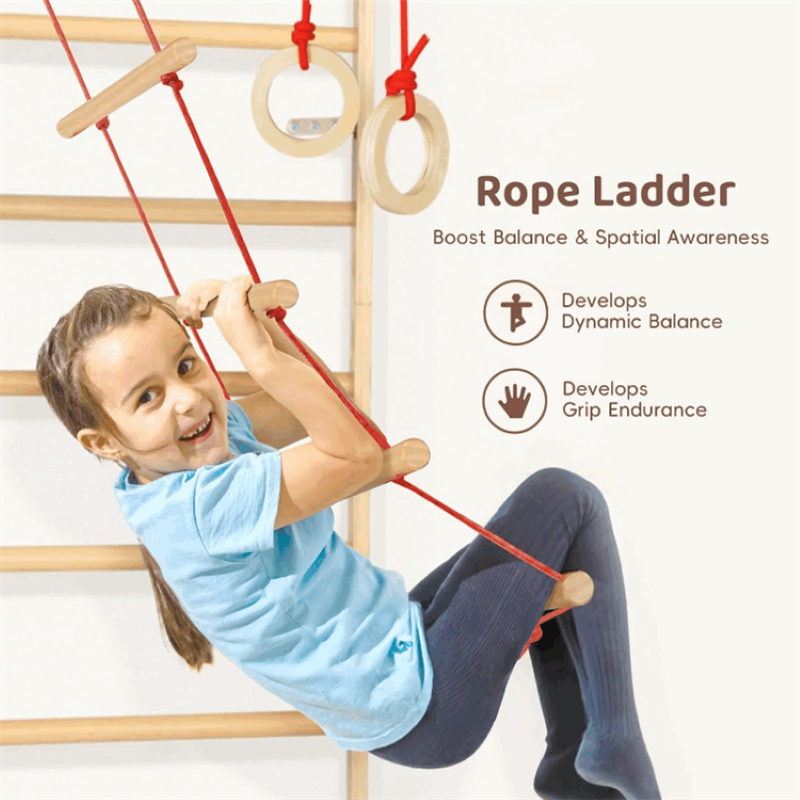 Set spalier gimnastica cu Bara/Inele/Scara de catarat, Reglabil, din lemn/placaj pentru copii +3 ani