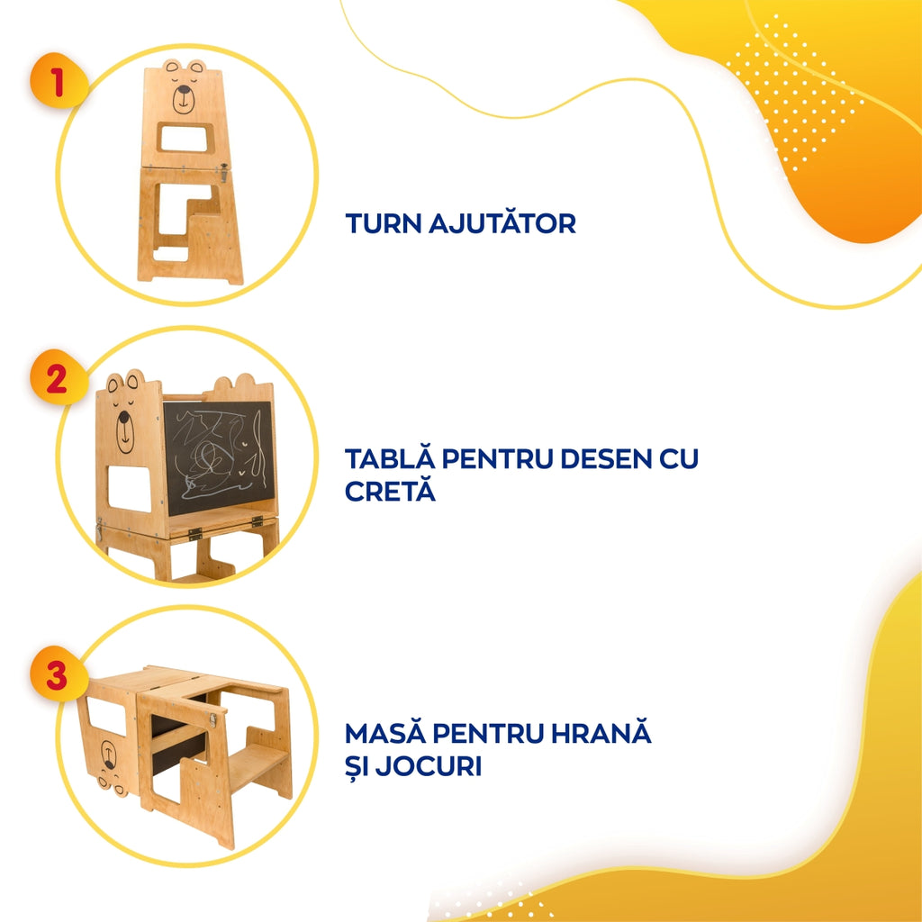 Turn de invatare, Bear, tip Montessori, cu tabla de scris, pentru copii +12 luni, placaj/lemn natural