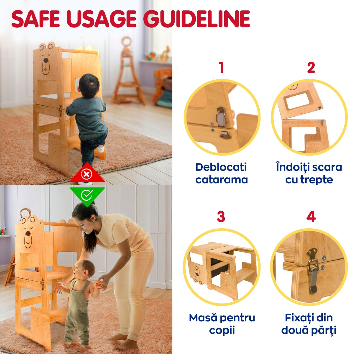 Turn de invatare, Bear, tip Montessori, cu tabla de scris, pentru copii +12 luni, placaj/lemn natural