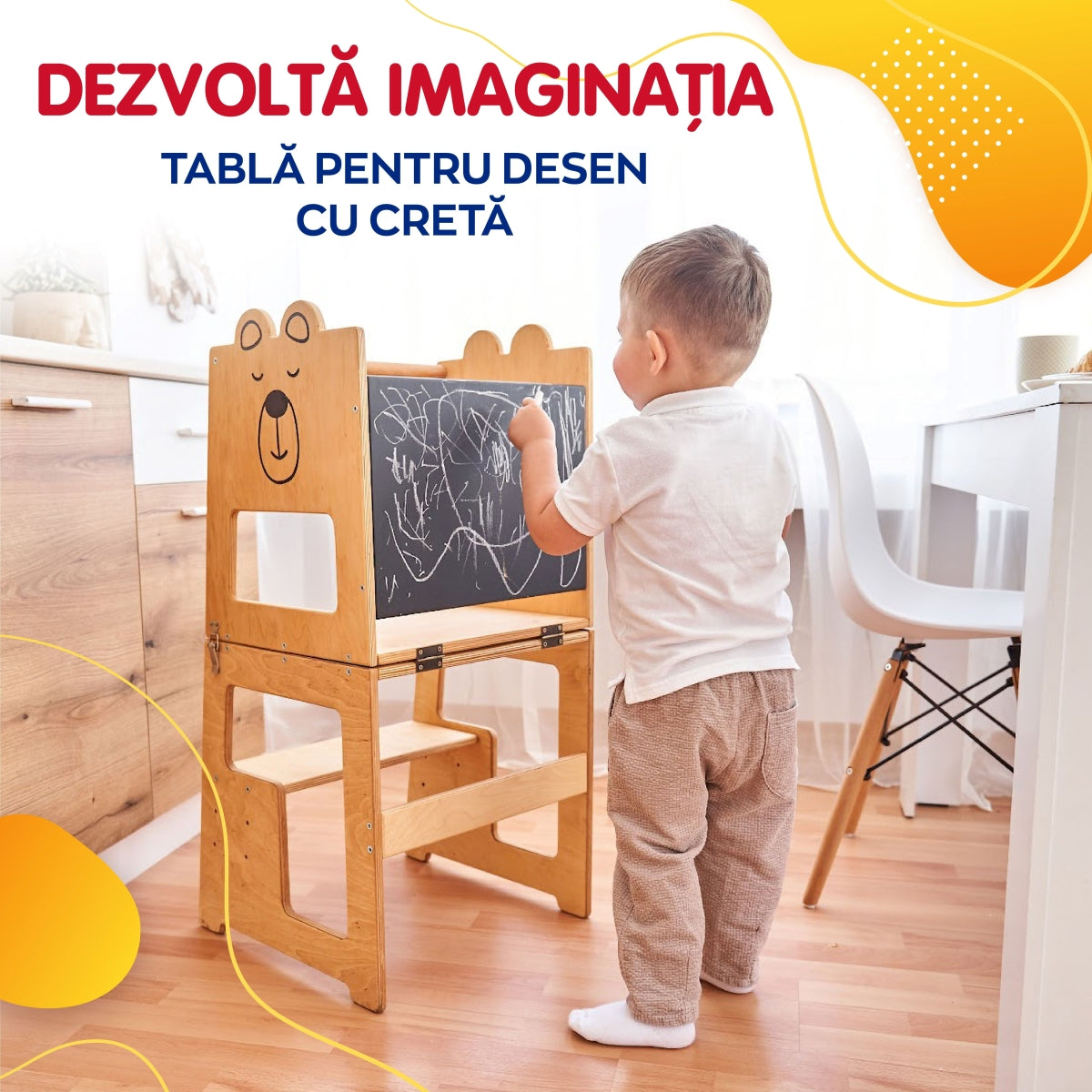 Turn de invatare, Bear, tip Montessori, cu tabla de scris, pentru copii +12 luni, placaj/lemn natural