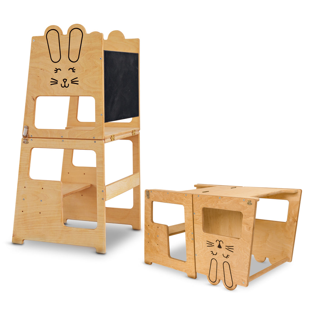 Turn de invatare, Bunny, tip Montessori, din lemn, cu tabla de desen