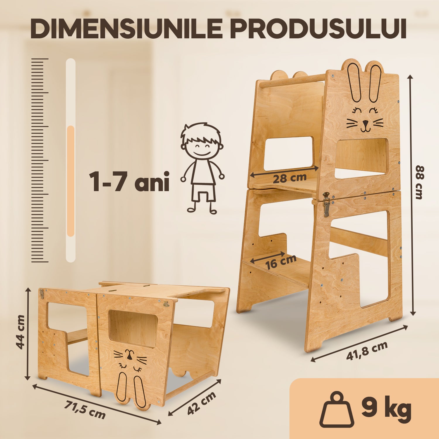 Turn de invatare, Bunny, tip Montessori, din lemn, cu tabla de desen