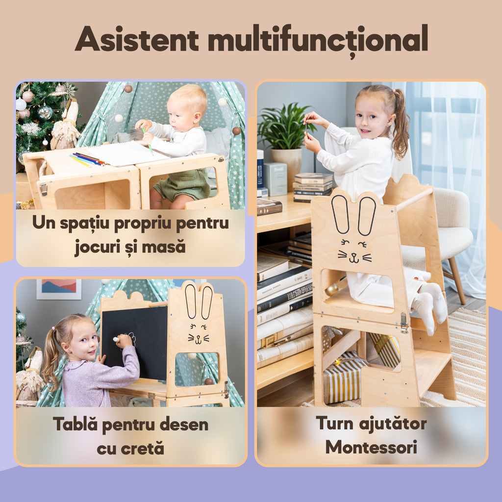 Turn de invatare, Bunny, tip Montessori, din lemn, cu tabla de desen