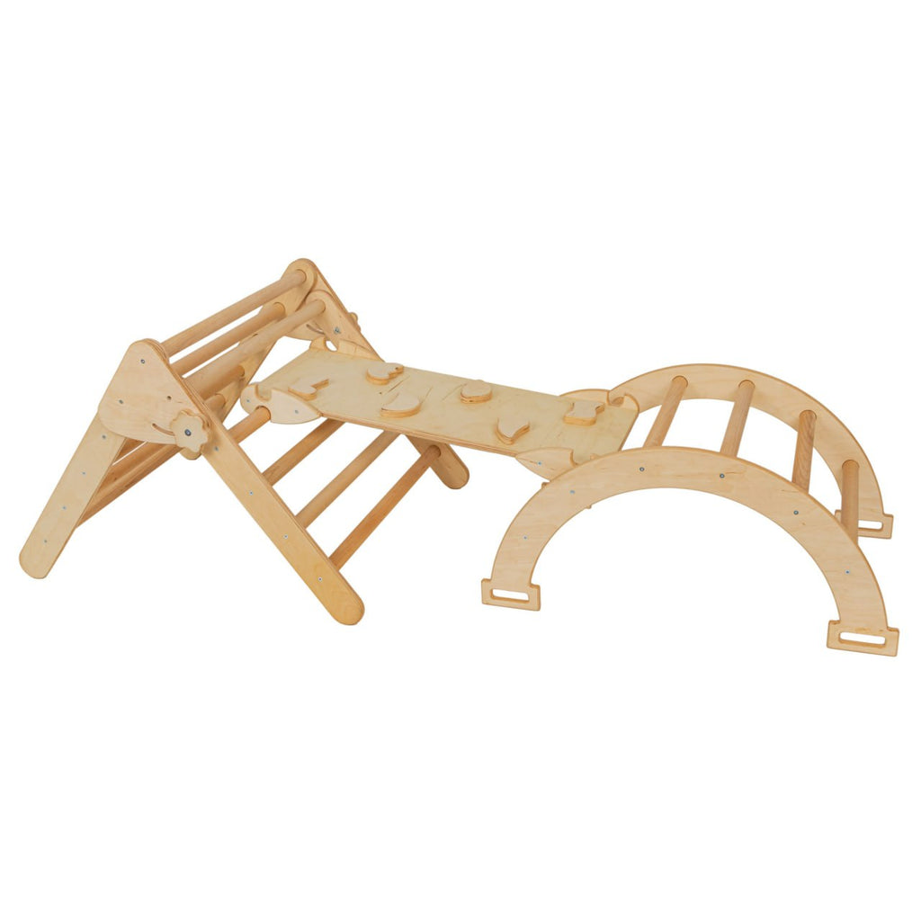 Set de joaca mic 3in1 Pikler/Montessori, triunghi de escaladare cu tobogan si arc de catarare