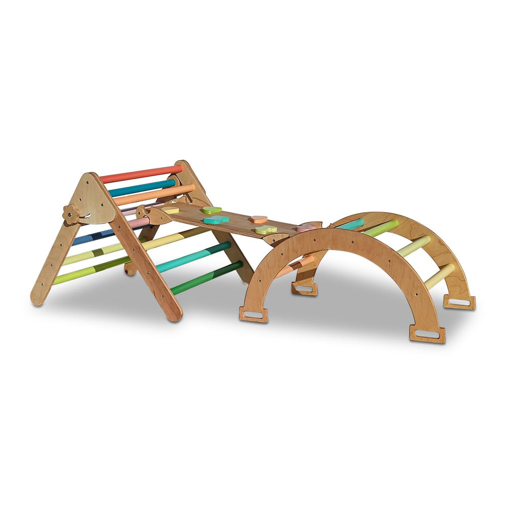 Set de joaca mic 3in1 Pikler/Montessori, triunghi de escaladare cu tobogan si arc de catarare, pastel